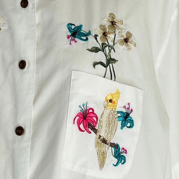 Karen Scott Sport Embroidered Embellished Flower Parrot Bird Short Sleeve Blouse - Picture 5 of 16